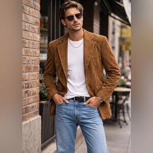 Vintage Cortefiel Brown Suede Leather Jacket Silk Lined Made in Spain Men’s 42